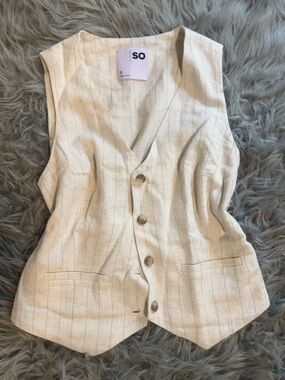 SO Beige Pinstripe Linen-Blend Vest